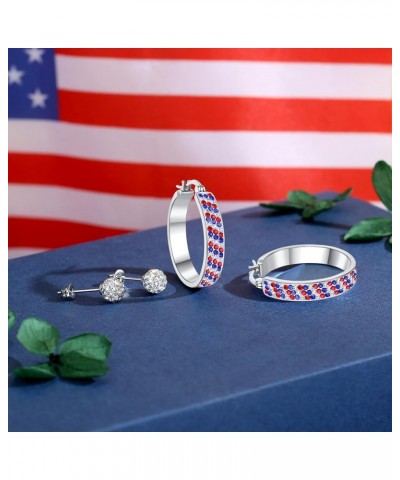 Red White and Blue Earrings, Silver Plated Oval Hoop Earrings, Crystal Hoop Earrings For Women Patriotic Jewelry Red White an...