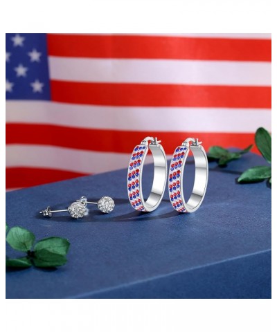 Red White and Blue Earrings, Silver Plated Oval Hoop Earrings, Crystal Hoop Earrings For Women Patriotic Jewelry Red White an...