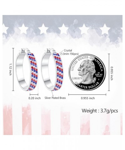 Red White and Blue Earrings, Silver Plated Oval Hoop Earrings, Crystal Hoop Earrings For Women Patriotic Jewelry Red White an...