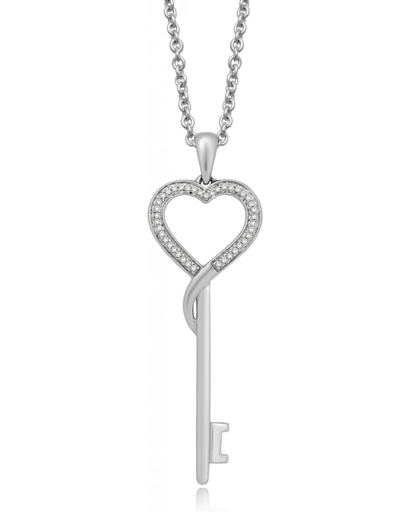 Heart Key Necklace Pendant in Sterling Silver with Natural White Diamonds 1/10 CTTW and 18 inch Rolo Chain $32.25 Necklaces