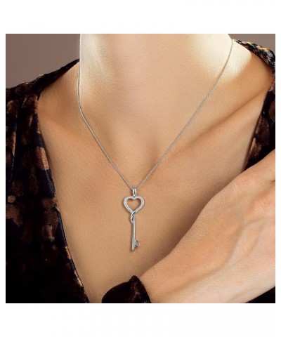 Heart Key Necklace Pendant in Sterling Silver with Natural White Diamonds 1/10 CTTW and 18 inch Rolo Chain $32.25 Necklaces