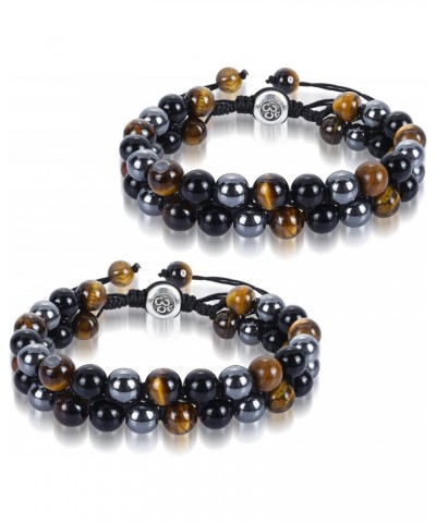 2Pcs Tiger Eye Stone Bracelet Men Women, Stress Relief Yoga Beads Adjustable Bracelet Natural Energy Stone Essential Oil Lava...