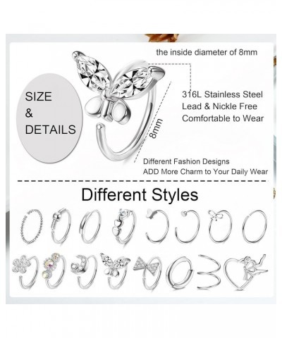 16pcs 20g Nose Rings Hoops for Women Stainless Steel Tragus Septum Lip Ring Paved Cz Cartilage Helix Earrings Moon Butterfly ...