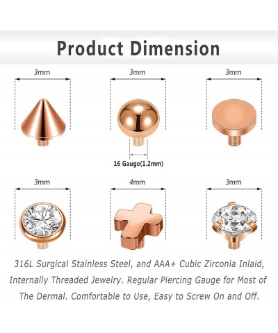 16g Crystal Micro Dermal Tops, Stainless Steel Dermal Base, Rose Gold Dermal Anchor Tops for Women Men, Skin Piercing Tops 3m...