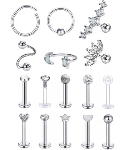 16 Pcs 16G Stainless Steel Tragus Earring Cartilage Helix Single Earring Lip Rings Labret Studs Daith Rook Piercing Silver-to...