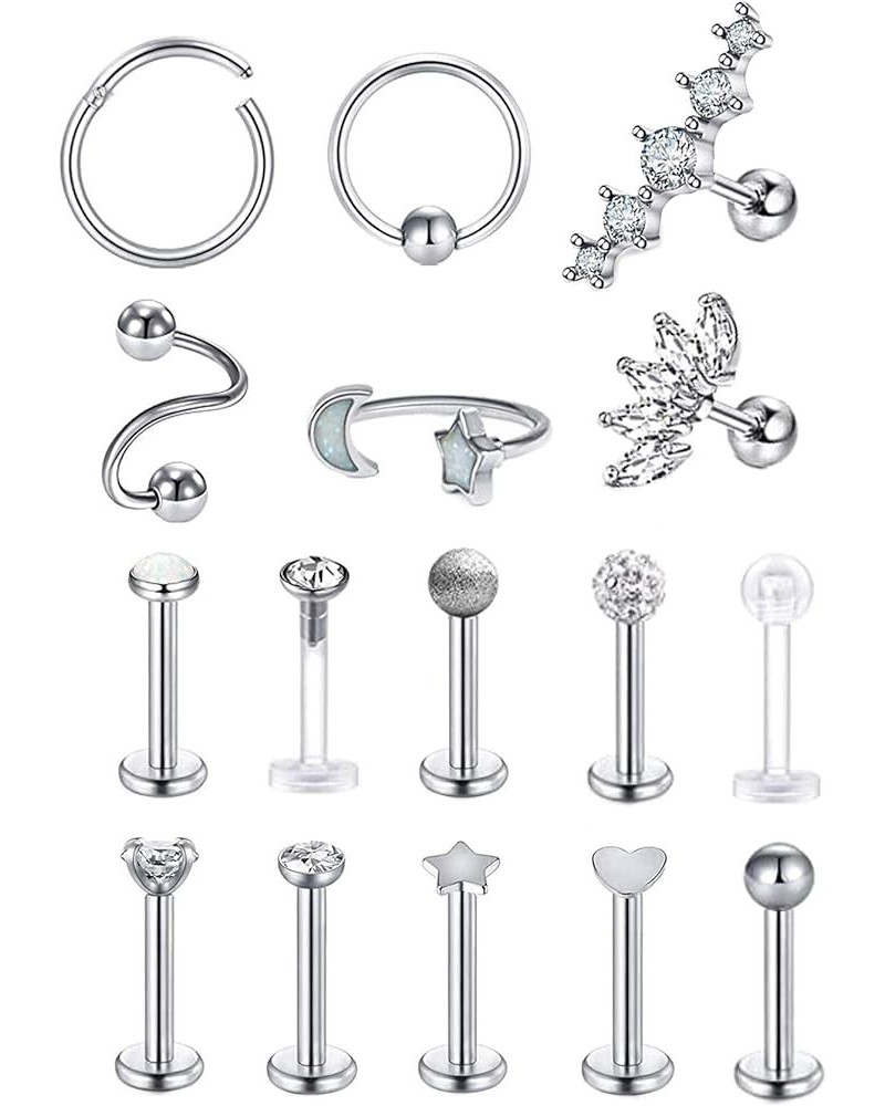 16 Pcs 16G Stainless Steel Tragus Earring Cartilage Helix Single Earring Lip Rings Labret Studs Daith Rook Piercing Silver-to...