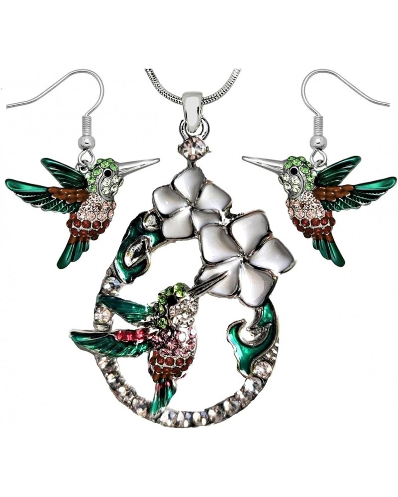 Silvertone Enameled Hummingbird Pendant Necklace and Earrings Set 21" Chain Gift Boxed Bird Fashion Jewelry $13.48 Jewelry Sets