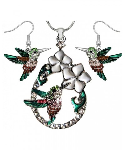 Silvertone Enameled Hummingbird Pendant Necklace and Earrings Set 21" Chain Gift Boxed Bird Fashion Jewelry $13.48 Jewelry Sets