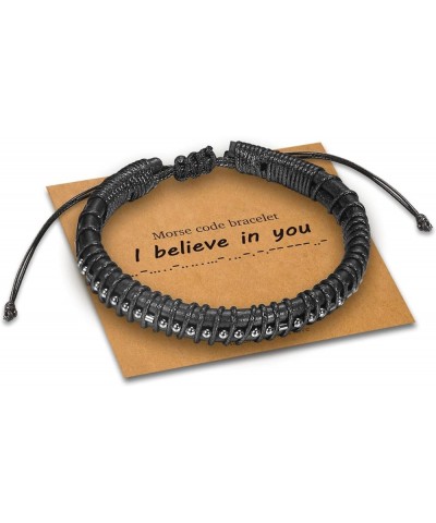 Morse Code Bracelets for Men, Gunmetal Beads on Black Leather Bracelets for Mens Gifts Inspirational Gifts for Him Best Frien...