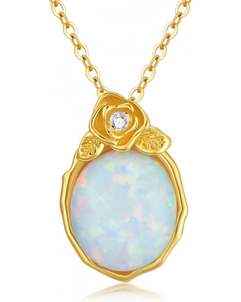 14K Solid Gold Oval Opal Necklace for Women Dainty Oval Opal with Genuine Diamond Necklace White Opal Rose Flower Pendant Nec...