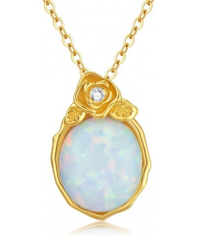 14K Solid Gold Oval Opal Necklace for Women Dainty Oval Opal with Genuine Diamond Necklace White Opal Rose Flower Pendant Nec...