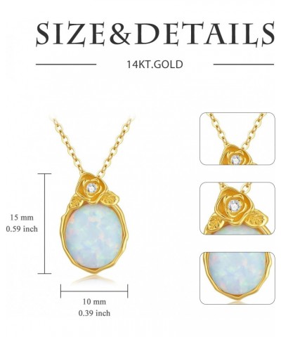 14K Solid Gold Oval Opal Necklace for Women Dainty Oval Opal with Genuine Diamond Necklace White Opal Rose Flower Pendant Nec...