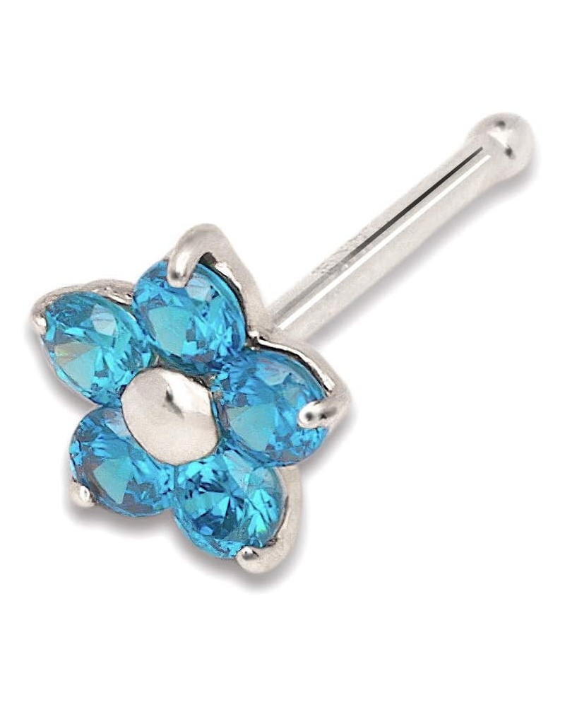 Solid 14k White Gold Cubic Zirconia 3mm Flower Nose Stud (Five Color) Blue $23.77 Body Jewelry