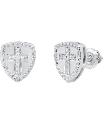 0.04 Carat (ctw) Round Diamond Knight Shield with Faith Cross Shaped Screwback Stud Earrings for Women | Available in 10K/14K...