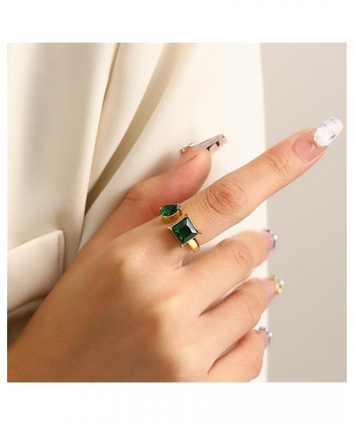 Unisex Stainless Steel Creative Personality Square Cut Crystal Zirconia Inlay Heart Shaped Open Ring Green $10.61 Others