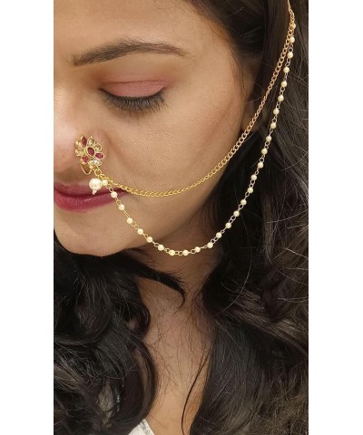 Indian Bollywood Crystal Kundan Bridal Nose Ring Hoop Pin with Pearl Chain Wedding Bridal Nath No Piercing Jewelry Accessorie...