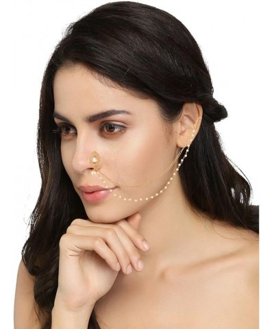 Indian Bollywood Crystal Kundan Bridal Nose Ring Hoop Pin with Pearl Chain Wedding Bridal Nath No Piercing Jewelry Accessorie...