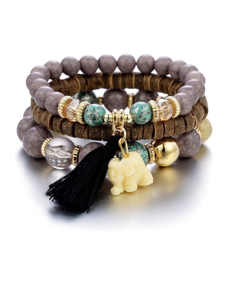 Elephant Bead Stretch Bracelet Boho Multilayer Adjustable Wooden Bead Tassel Womens Strand Bracelet Bangle Charm Jewelry Set ...