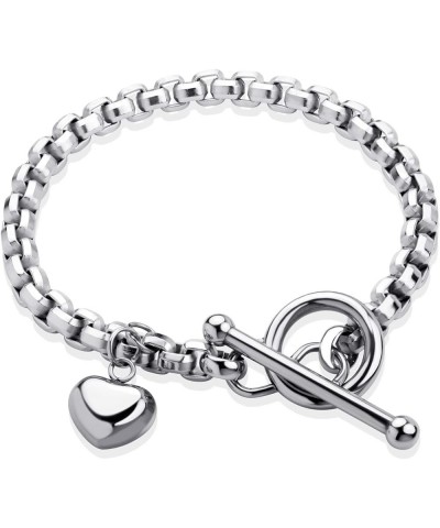 Stainless Steel Toggle Box Link Chain Heart Charm Bracelet for Women & Girls Silver 7.0 Inches $10.78 Bracelets