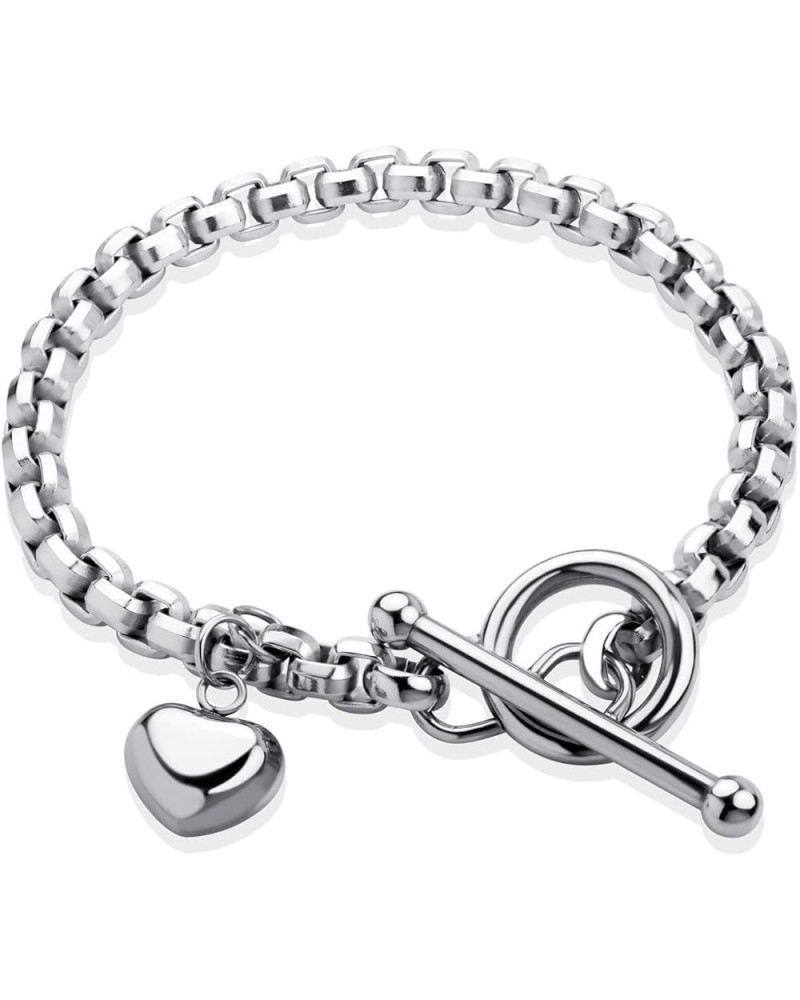 Stainless Steel Toggle Box Link Chain Heart Charm Bracelet for Women & Girls Silver 7.0 Inches $10.78 Bracelets