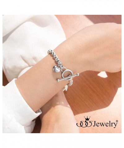 Stainless Steel Toggle Box Link Chain Heart Charm Bracelet for Women & Girls Silver 7.0 Inches $10.78 Bracelets