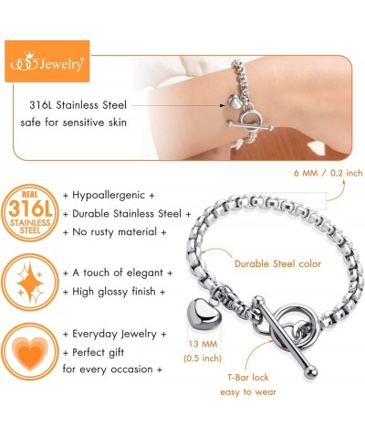 Stainless Steel Toggle Box Link Chain Heart Charm Bracelet for Women & Girls Silver 7.0 Inches $10.78 Bracelets