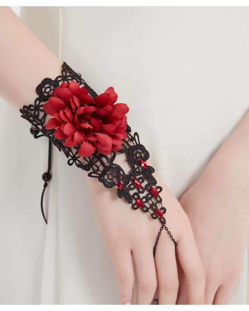 Gothic Lace Bracelet with Finger Ring Rose Flower Slave Bracelet Lolita Costome Party Harness Hand Chain for Women Bride Girl...