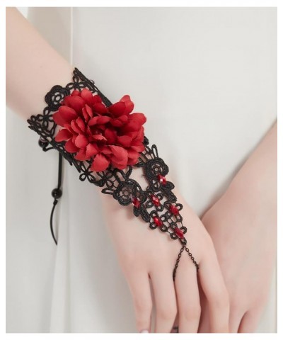 Gothic Lace Bracelet with Finger Ring Rose Flower Slave Bracelet Lolita Costome Party Harness Hand Chain for Women Bride Girl...