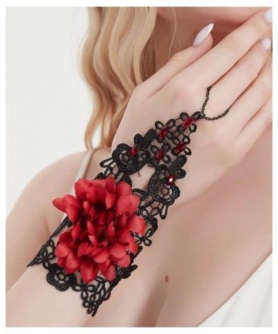 Gothic Lace Bracelet with Finger Ring Rose Flower Slave Bracelet Lolita Costome Party Harness Hand Chain for Women Bride Girl...