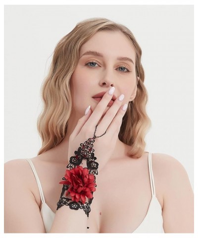 Gothic Lace Bracelet with Finger Ring Rose Flower Slave Bracelet Lolita Costome Party Harness Hand Chain for Women Bride Girl...