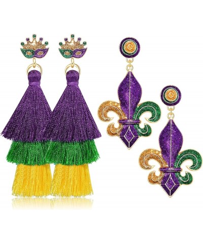 2/3Pairs Mardi Gras Earrings for Women Beaded Crown Dangle Earrings Mardi Gras Accessory, Fleur De Lis Carnival Earrings for ...