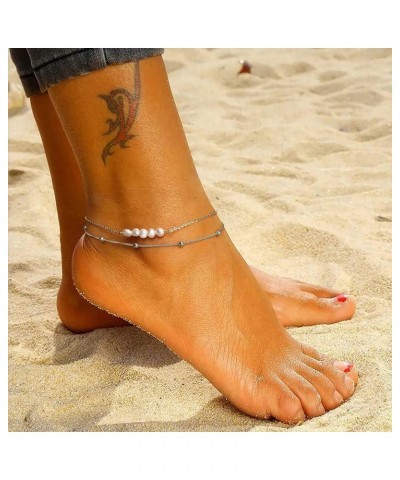 Sterling Silver Double Layered Anklet for Women Adjustable Natural Freshwater Pearl Ankle Bracelets for Women 14K Gold Plated...