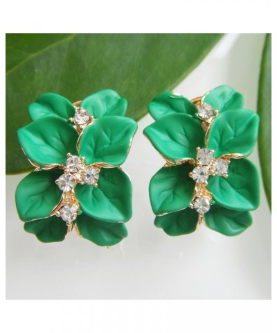 18k Gold Plated White Crystal colorful Enamel Leaves Flower Omega Back Earrings Green $8.83 Earrings