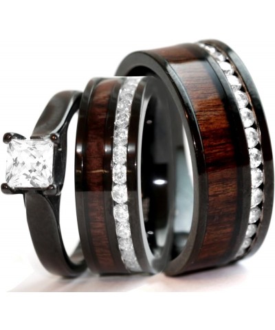 His & Hers Natural Koa Wood CZ 3 pcs Surgical Black Stainless Steel Engagement Wedding Rings set Size His 12, Hers 09 $64.93 ...