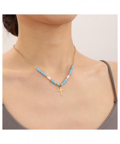 Multicolor Glass Beaded Corss Necklaces for Women Girls Dainty Gold Cross Necklaces for Women Trendy Cross Pendant Necklace J...