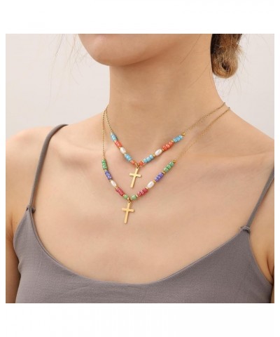 Multicolor Glass Beaded Corss Necklaces for Women Girls Dainty Gold Cross Necklaces for Women Trendy Cross Pendant Necklace J...