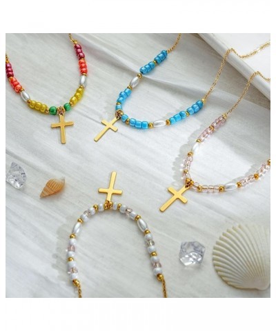 Multicolor Glass Beaded Corss Necklaces for Women Girls Dainty Gold Cross Necklaces for Women Trendy Cross Pendant Necklace J...