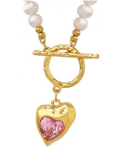 14k Gold Women's Pearl Necklace, Stunning Beaded Necklace with Heart Pendant,Ideal Gift for Mom,Wife,Girlfriend Pink 18k $106...