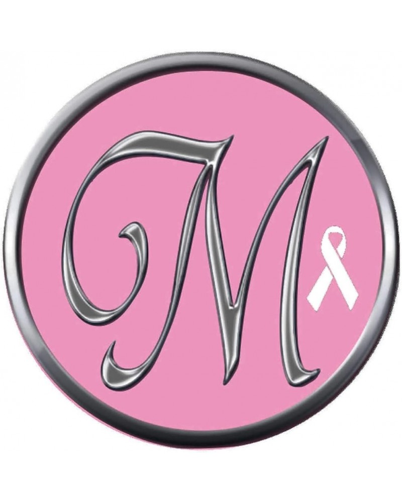 Monogram Alphabet Silver Letter Pink Background Breast Cancer Ribbon Survivor Cure by Awareness 18MM - 20MM Snap Jewelry Char...