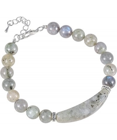 Healing Crystal Beads Bracelet for Women, Adjustable Round Beads Energy Link Bangle with Tube Stone Charm LIght Grey $10.12 B...