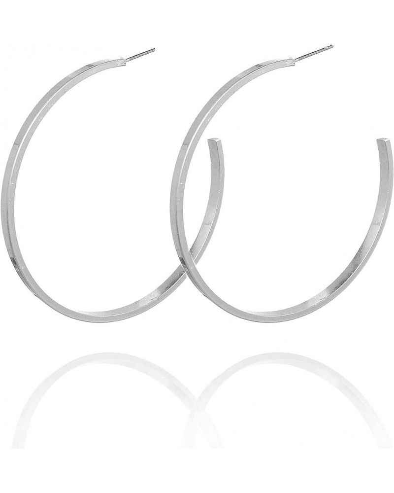 Lightweight Classic Open Round Flat Square Edge Fashion Gold Hoop Earrings for Women Square_Worn Silver $10.25 Earrings