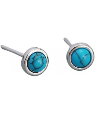 Hypoallergenic Bezel Earrings 925 Sterling Silver White Gold Tiny Small Round Moonstone Turquoise Agate Stud Earring for Wome...