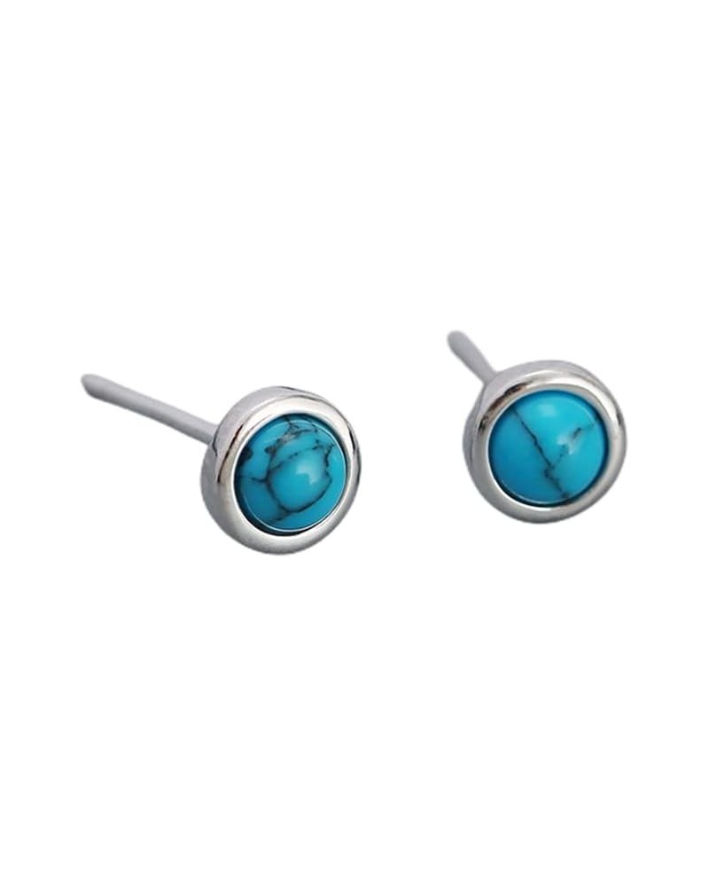 Hypoallergenic Bezel Earrings 925 Sterling Silver White Gold Tiny Small Round Moonstone Turquoise Agate Stud Earring for Wome...