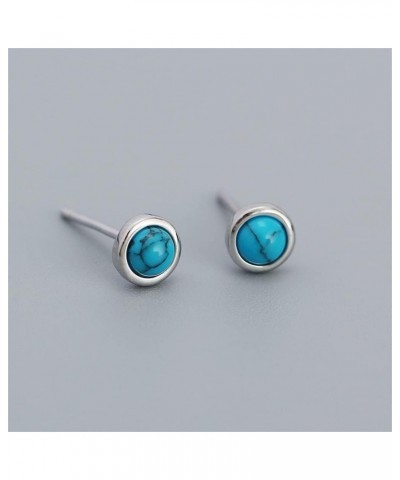 Hypoallergenic Bezel Earrings 925 Sterling Silver White Gold Tiny Small Round Moonstone Turquoise Agate Stud Earring for Wome...