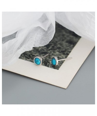 Hypoallergenic Bezel Earrings 925 Sterling Silver White Gold Tiny Small Round Moonstone Turquoise Agate Stud Earring for Wome...