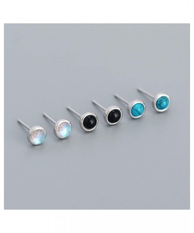 Hypoallergenic Bezel Earrings 925 Sterling Silver White Gold Tiny Small Round Moonstone Turquoise Agate Stud Earring for Wome...