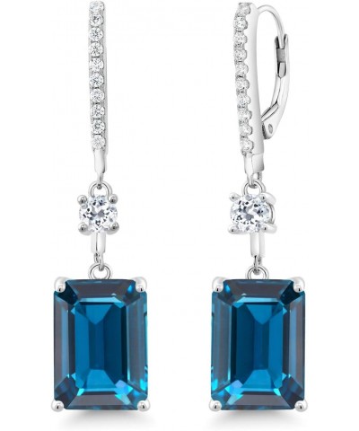 925 Sterling Silver London Blue Topaz and White Topaz Dangle Earrings For Women (19.96 Cttw, Gemstone Birthstone, Emerald Cut...