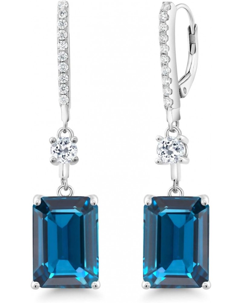 925 Sterling Silver London Blue Topaz and White Topaz Dangle Earrings For Women (19.96 Cttw, Gemstone Birthstone, Emerald Cut...