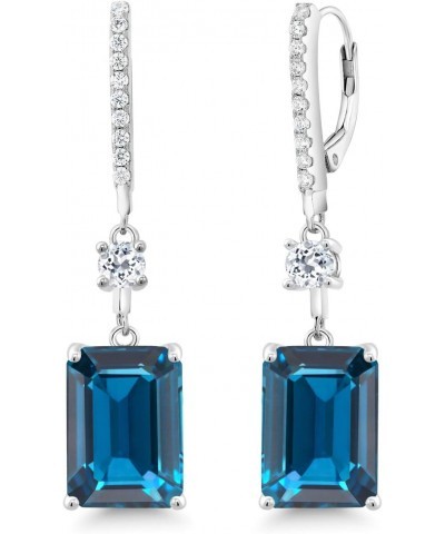 925 Sterling Silver London Blue Topaz and White Topaz Dangle Earrings For Women (19.96 Cttw, Gemstone Birthstone, Emerald Cut...