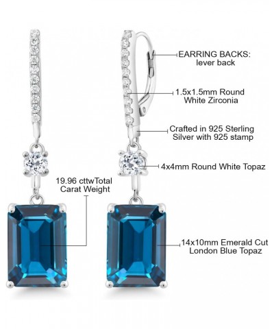 925 Sterling Silver London Blue Topaz and White Topaz Dangle Earrings For Women (19.96 Cttw, Gemstone Birthstone, Emerald Cut...